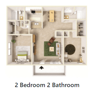 Floor plan for 2 beds, 2 baths, 992 sqft